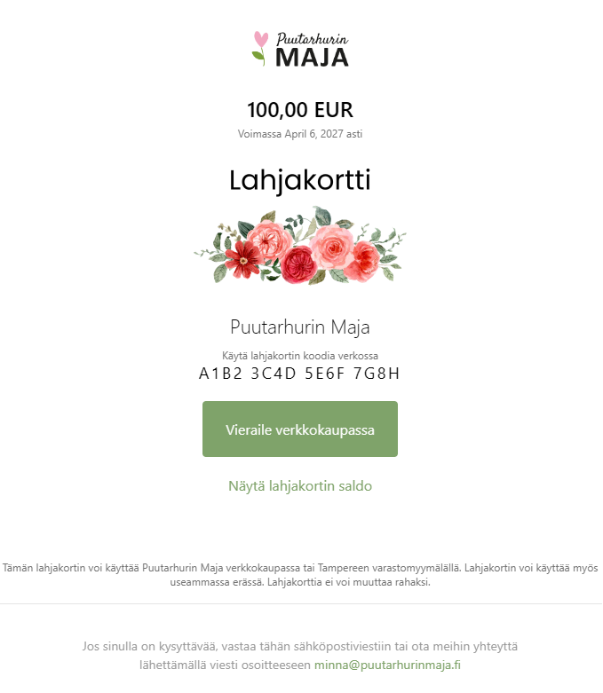 Puutarhurin Maja lahjakortti - sähköinen