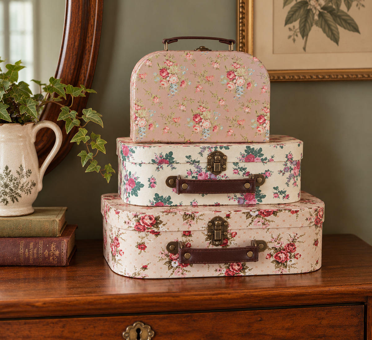 Pienet sisustus matkalaukut Vintage Roses 3 kpl setti