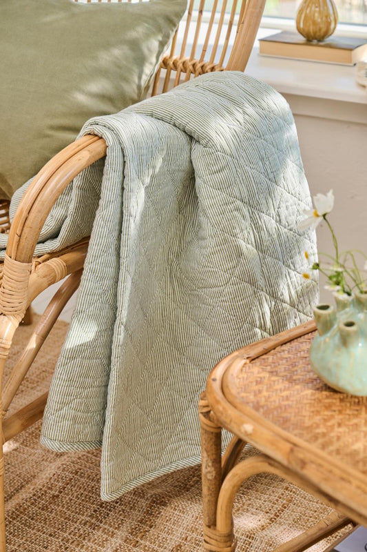 Puuvillatäkki vihreä-valkoiset ohuet raidat