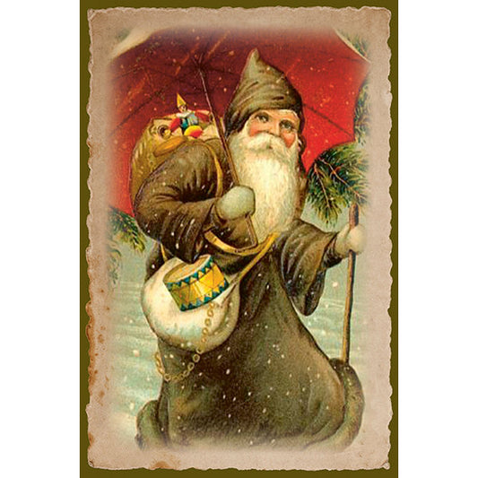 Joulukortit peltirasiassa Joulupukki ja punainen sateenvarjo - Christmas Greetings