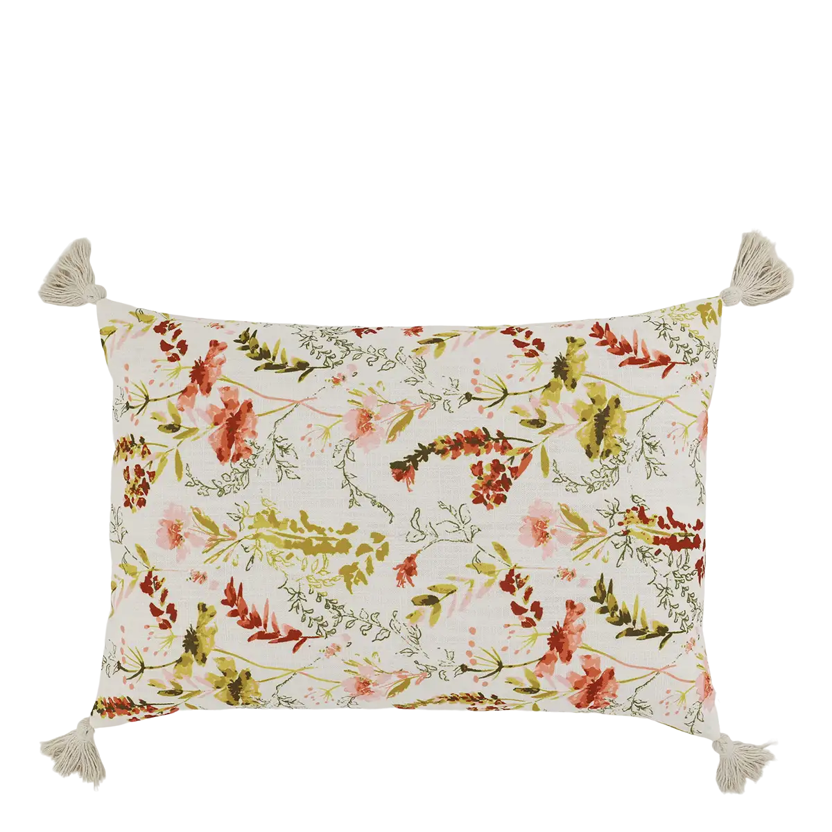 Tyynynpäällinen tupsuilla kukat kermanvalkoisella pohjalla 60 x 40 cm