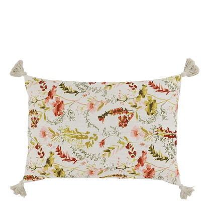 Tyynynpäällinen tupsuilla kukat kermanvalkoisella pohjalla 60 x 40 cm