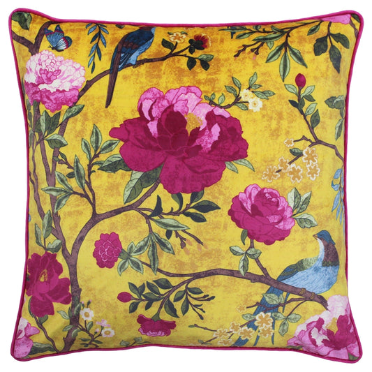 Tyynynpäällinen Chinoiserie pinkit kukat oranssinkeltaisella pohjalla 50 x 50 cm