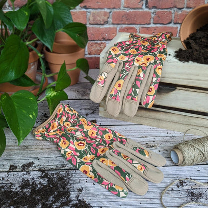 Puutarhakäsineet Floral pinkki ja keltainen