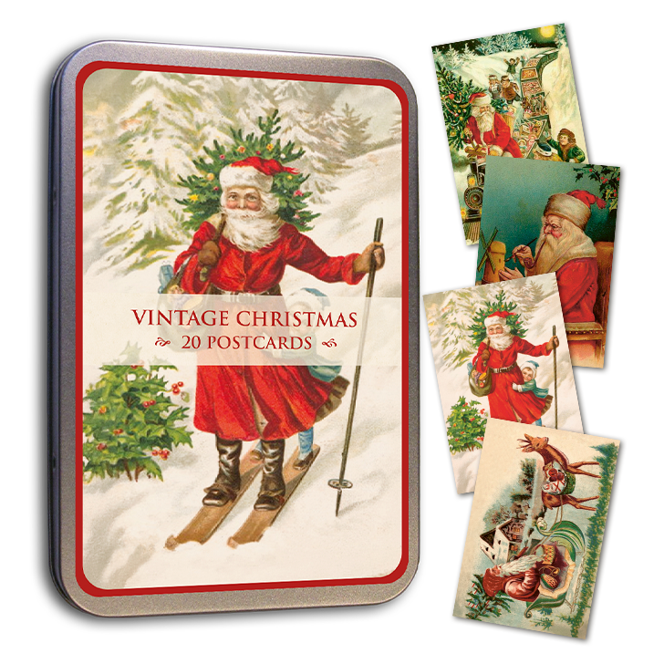 Joulukortit peltirasiassa 20 kpl - Vintage Christmas - Joulupukki hiihtää