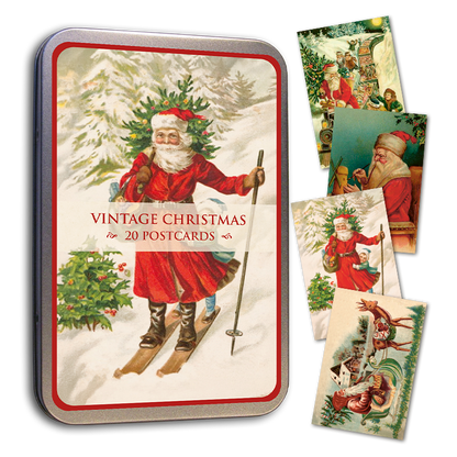 Joulukortit peltirasiassa 20 kpl - Vintage Christmas - Joulupukki hiihtää