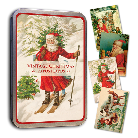 Joulukortit peltirasiassa 20 kpl - Vintage Christmas - Joulupukki hiihtää