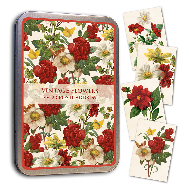 Postikortit peltirasiassa 20 kpl - Vintage Flowers