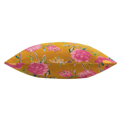Tyynynpäällinen Linnut ja pinkit kukat keltaisella pohjalla 50 x 50 cm