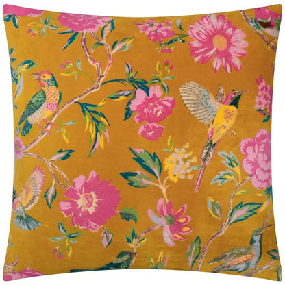 Tyynynpäällinen Linnut ja pinkit kukat keltaisella pohjalla 50 x 50 cm