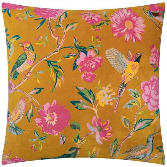 Tyynynpäällinen Linnut ja pinkit kukat keltaisella pohjalla 50 x 50 cm