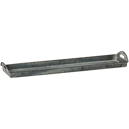 Pitkä harmaa metallinen tarjotin, pituus 63,5 cm