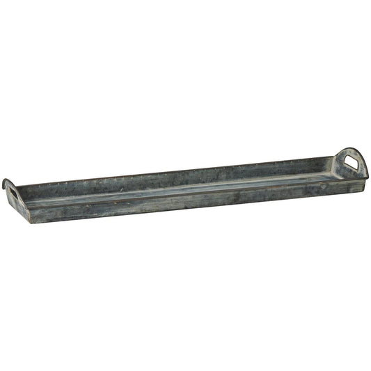 Pitkä harmaa metallinen tarjotin, pituus 63,5 cm
