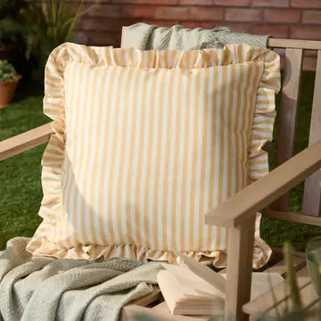 Tyynynpäällinen joka sopii ulkokäyttöön Röyhelo raita keltainen 50 x 50 cm