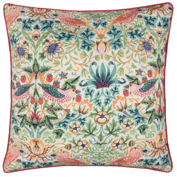 Tyynynpäällinen joka sopii ulkokäyttöön William Morris Strawberry Thief Coral/Leaf Green 50 x 50 cm