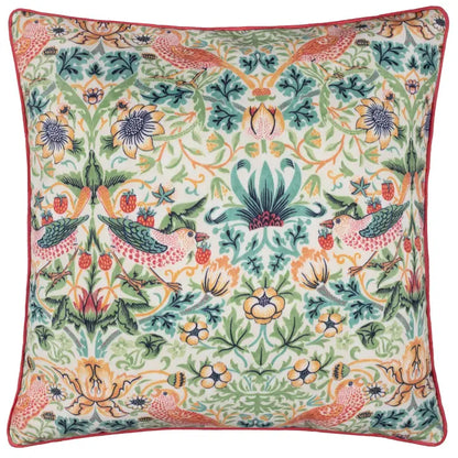 Tyynynpäällinen joka sopii ulkokäyttöön William Morris Strawberry Thief Coral/Leaf Green 50 x 50 cm