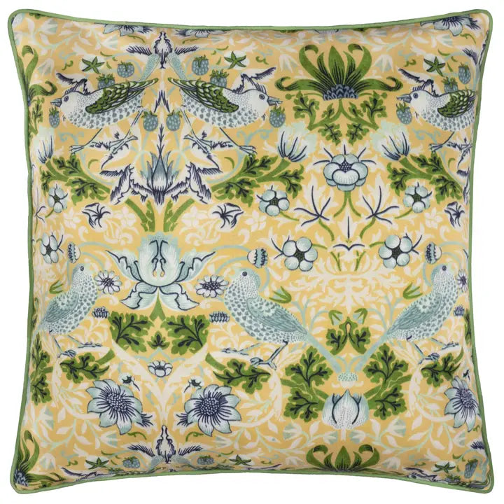 Tyynynpäällinen joka sopii ulkokäyttöön William Morris Strawberry Thief Keltainen / vihreä 50 x 50 cm