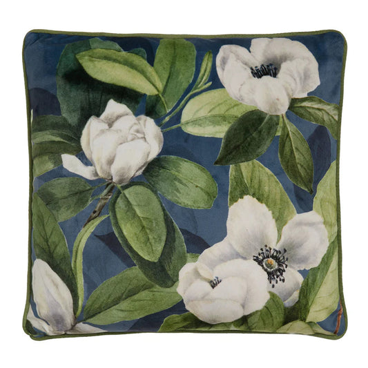 Tyynynpäällinen Valkoiset kukat sinisellä/valkoisella pohjalla 43 x 43 cm (kaksipuolinen)