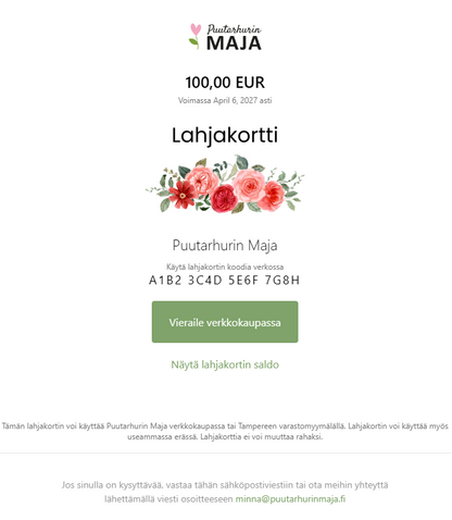 Puutarhurin Maja lahjakortti - sähköinen