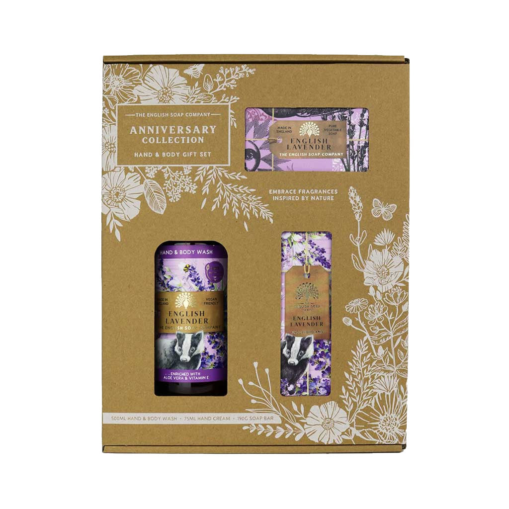Nestesaippua, käsivoide ja palasaippua lahjalaatikko laventeli - English Lavender