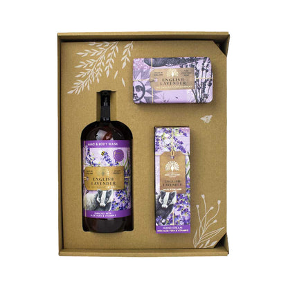 Nestesaippua, käsivoide ja palasaippua lahjalaatikko laventeli - English Lavender