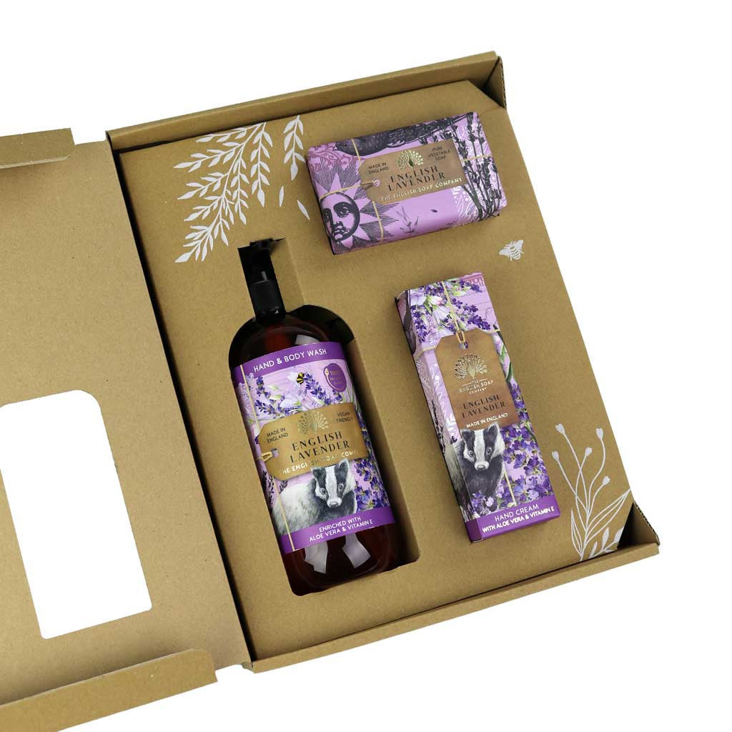 Nestesaippua, käsivoide ja palasaippua lahjalaatikko laventeli - English Lavender