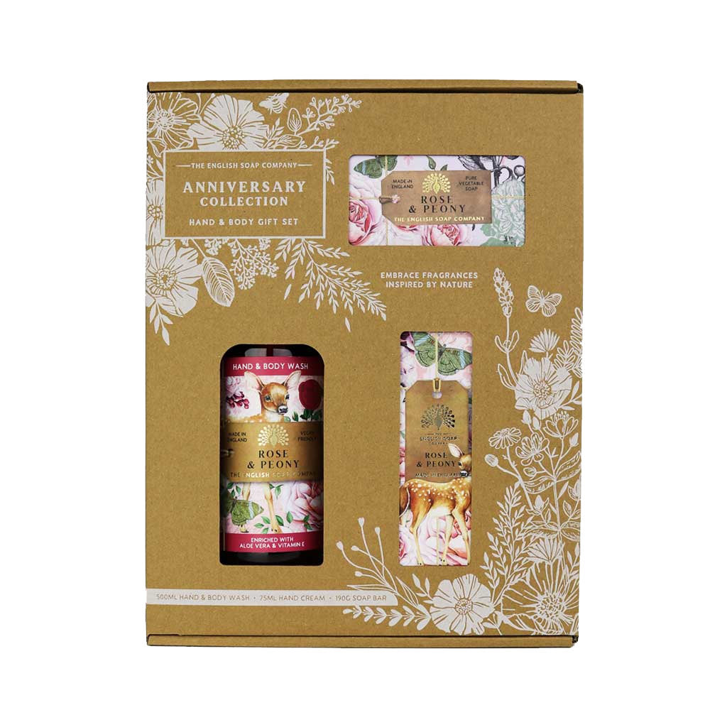 Nestesaippua, käsivoide ja palasaippua lahjalaatikko Ruusu ja pioni - Rose and Peony