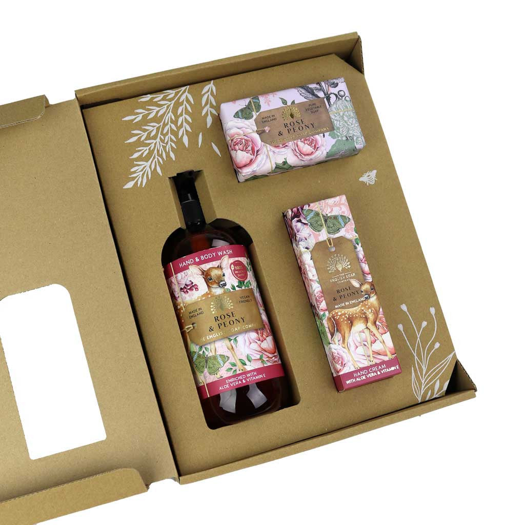 Nestesaippua, käsivoide ja palasaippua lahjalaatikko Ruusu ja pioni - Rose and Peony