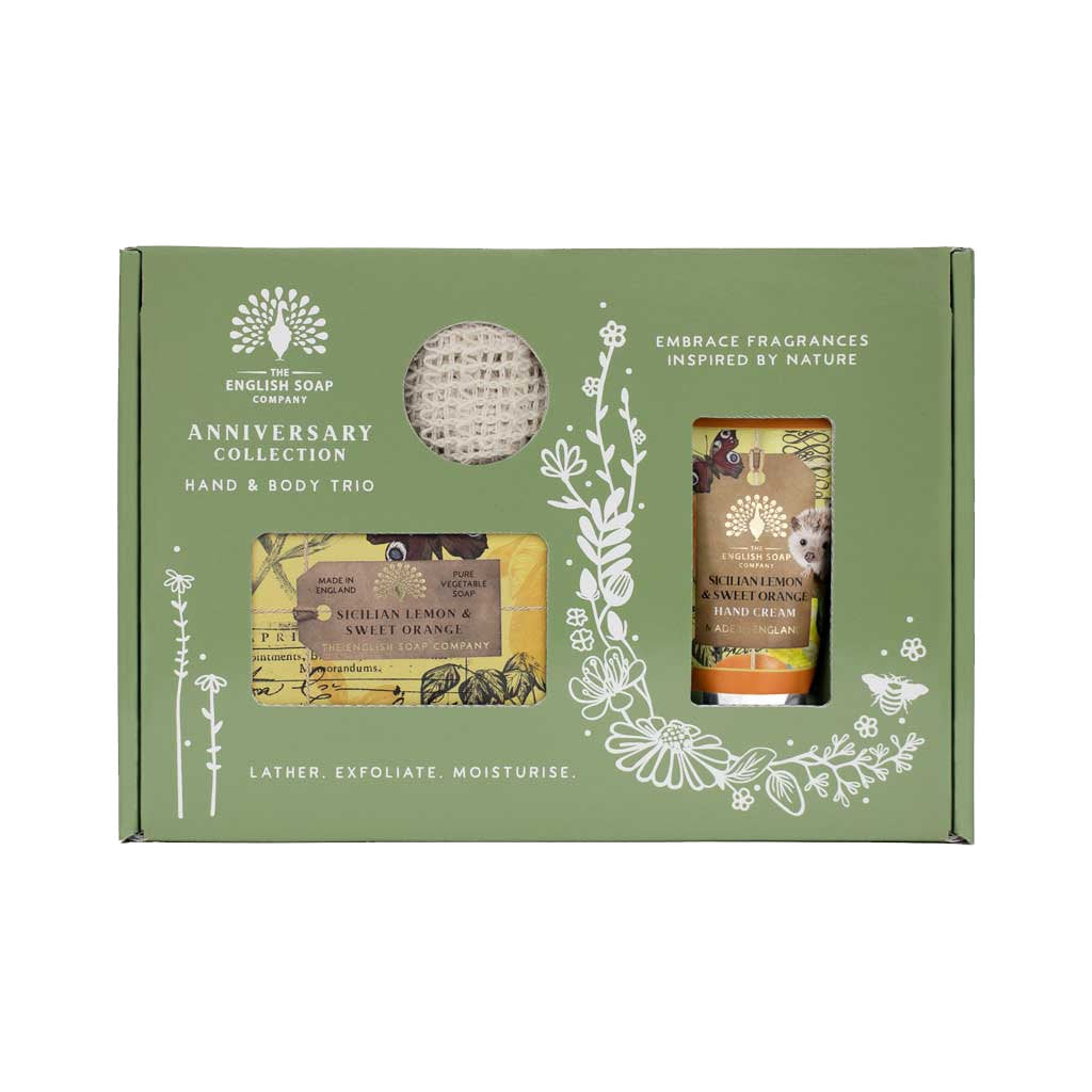 Palasaippua, käsivoide ja saippuapussi lahjalaatikko Sitruuna ja appelsiini - Sicilian Lemon and Sweet Orange