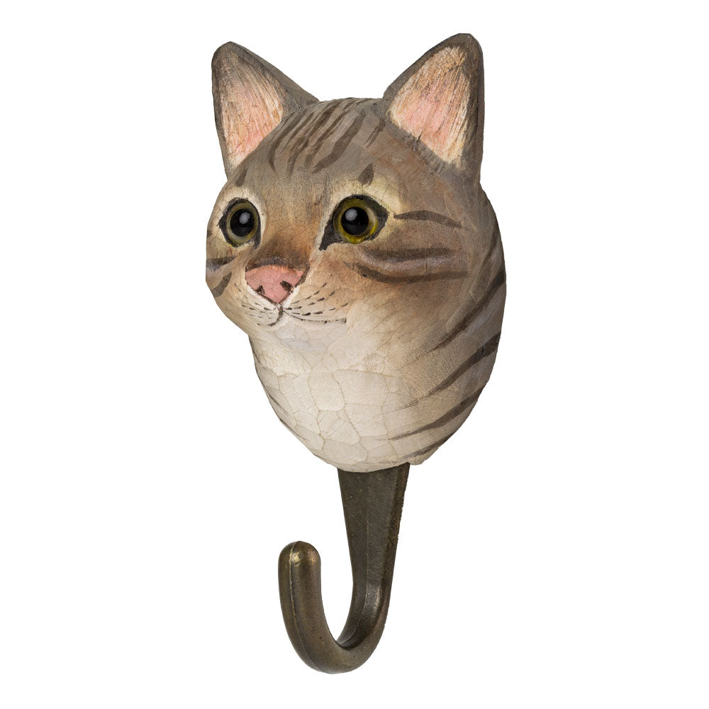 Käsin veistetty seinäkoukku Kissa harmaaraidallinen - Tabby Cat