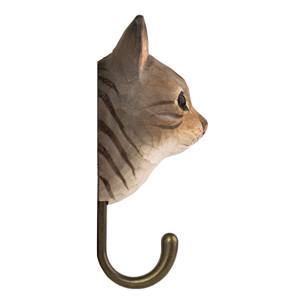 Käsin veistetty seinäkoukku Kissa harmaaraidallinen - Tabby Cat
