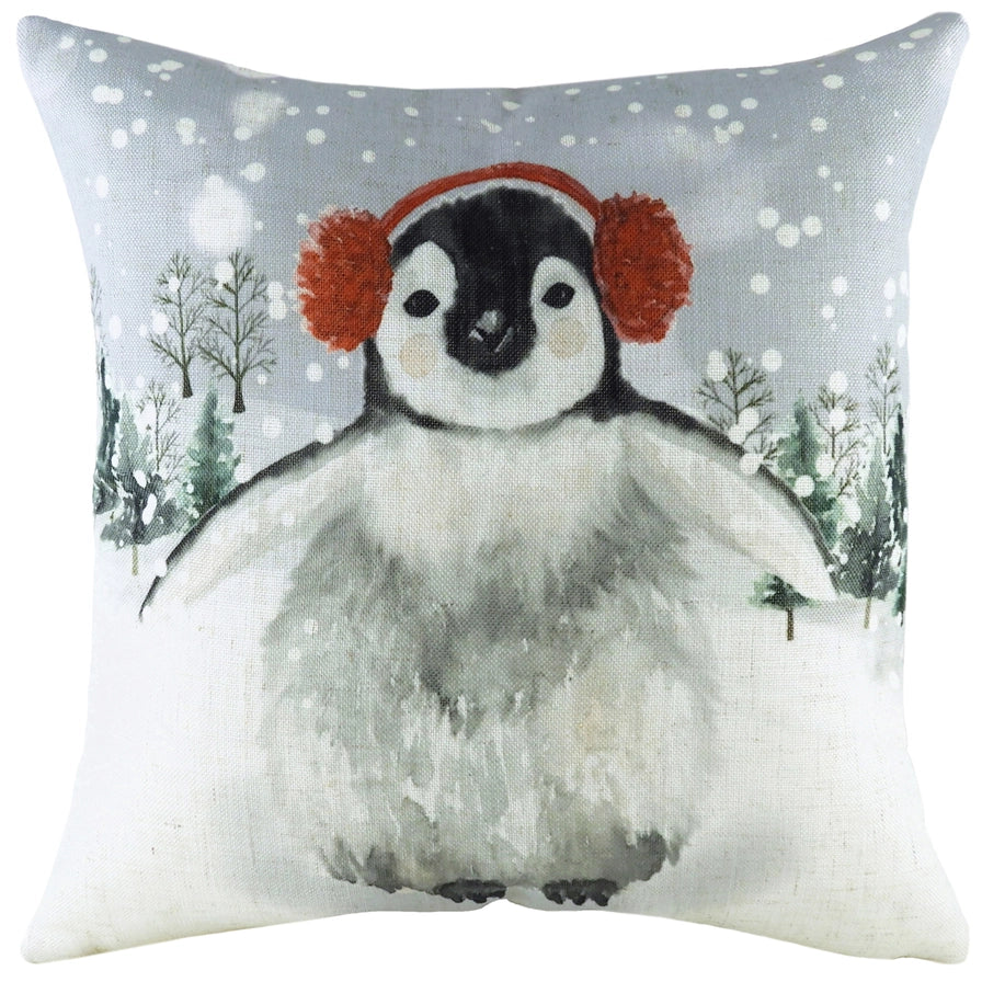 Pingviini punaiset korvaläpät päässä tyynynpäällinen 43 x 43 cm