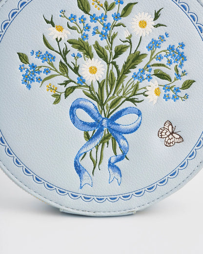 Pieni pyöreä olkalaukku Floral Bow vaaleansininen