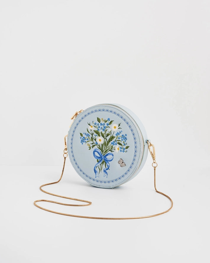 Pieni pyöreä olkalaukku Floral Bow vaaleansininen