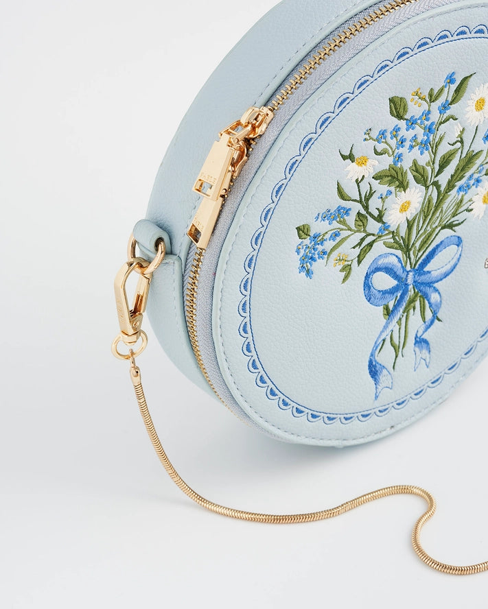 Pieni pyöreä olkalaukku Floral Bow vaaleansininen