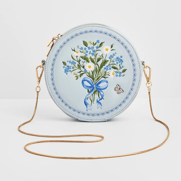 Pieni pyöreä olkalaukku Floral Bow vaaleansininen
