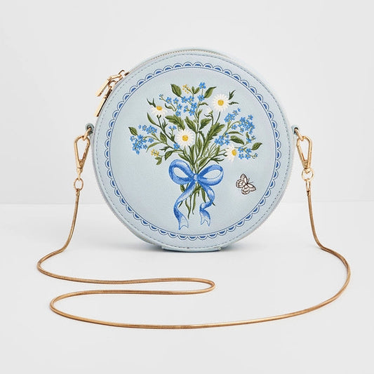 Pieni pyöreä olkalaukku Floral Bow vaaleansininen