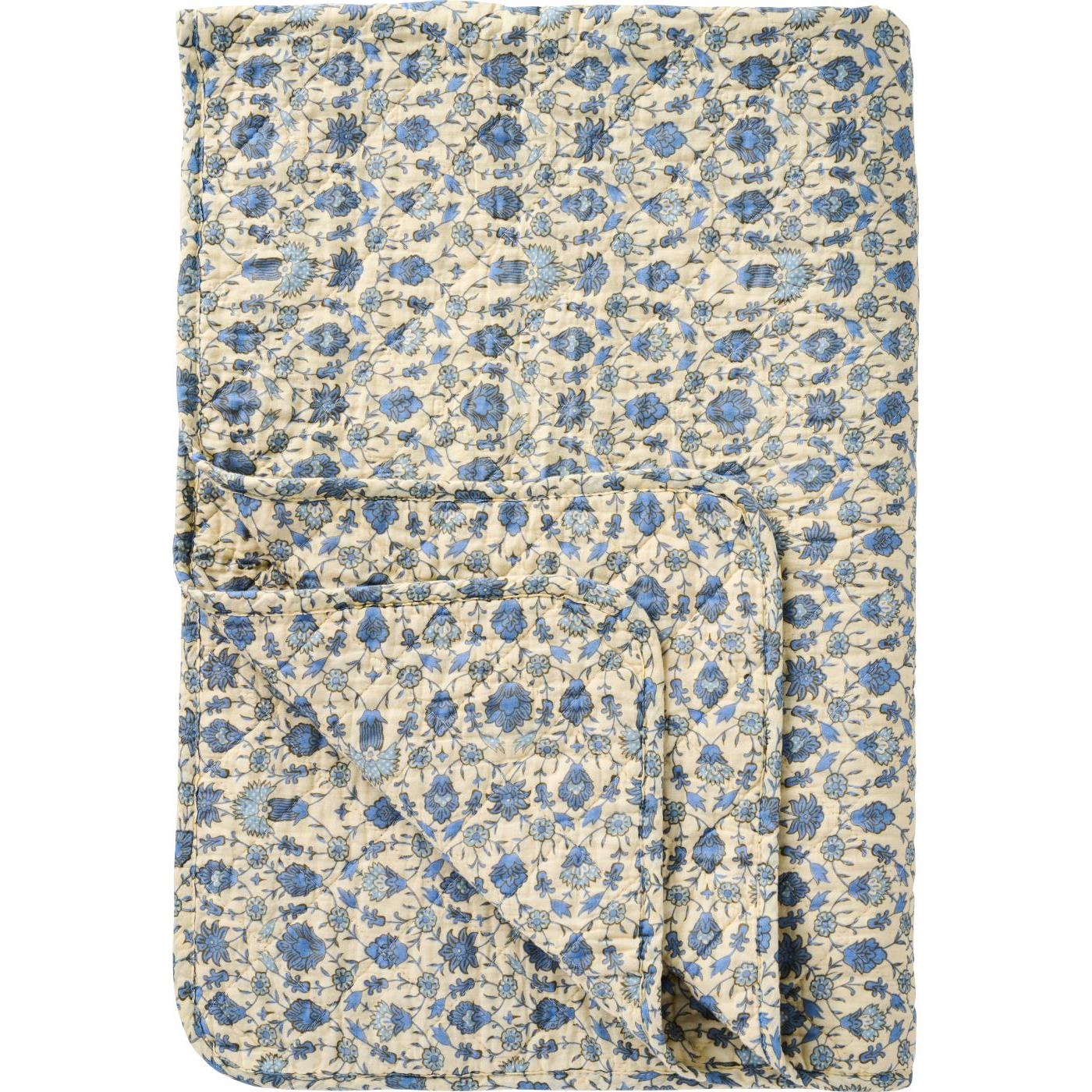 Puuvillatäkki sininen kukkakuvio luonnonvalkoisella pohjalla 130 x 180 cm