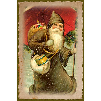 Joulukortit peltirasiassa Joulupukki ja punainen sateenvarjo - Christmas Greetings