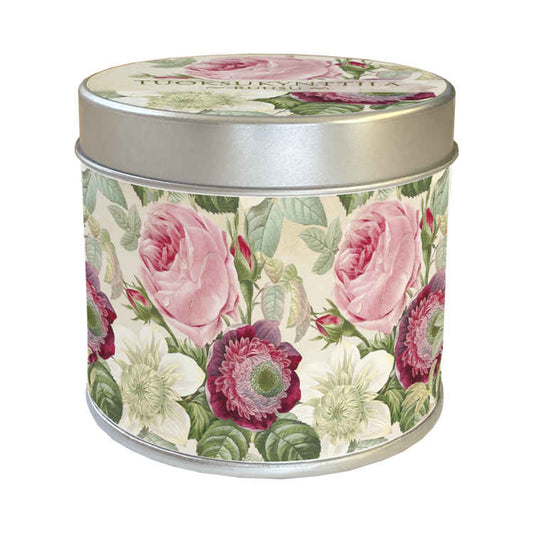 Ruusun tuoksuinen kukallinen tuoksukynttilä peltipurkissa