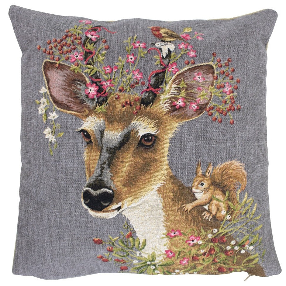 Gobeliini tyynynpäällinen Kukka-kauris & orava 45 x 45 cm