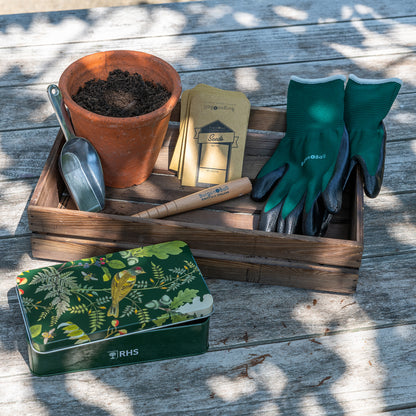 Kylvösetti peltirasiassa sis. hanskat, kauha, istutuspuikko ja pusseja siemenille - Woodland Wonders