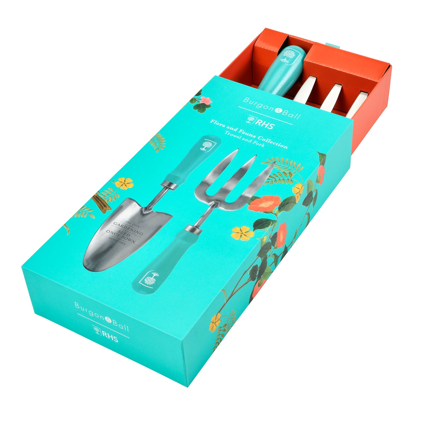 Istutuslapio ja rikkaruohohaarukka lahjalaatikossa Flora & Fauna