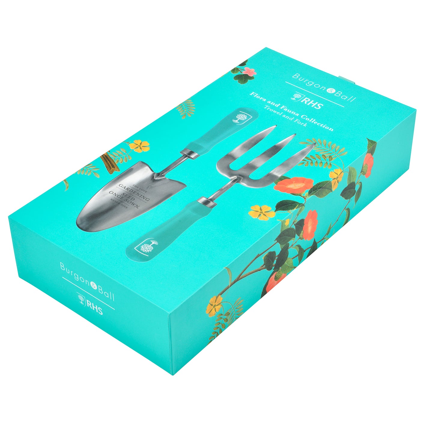 Istutuslapio ja rikkaruohohaarukka lahjalaatikossa Flora & Fauna