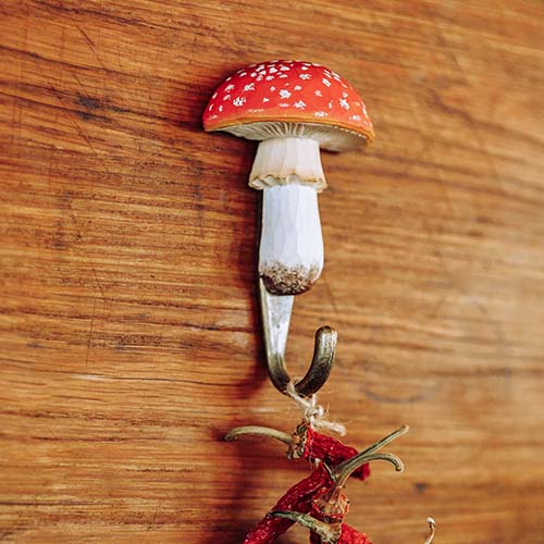 Käsin veistetty seinäkoukku Kärpässieni