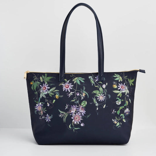 Iso käsilaukku Passion Flower tummansininen